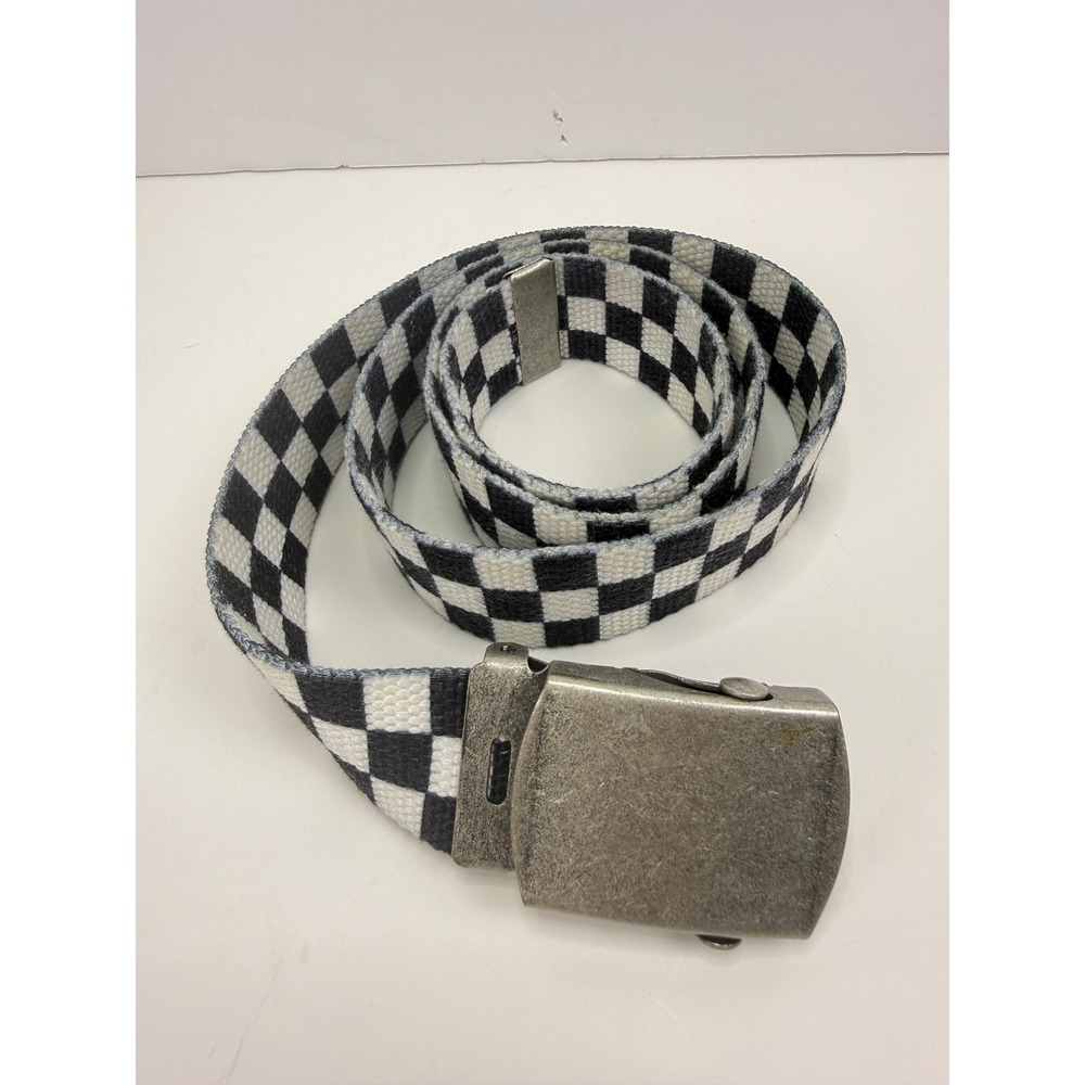 Brandy Melville Black White Checkered Canvas Web Belt Silver Flip Buckle OS